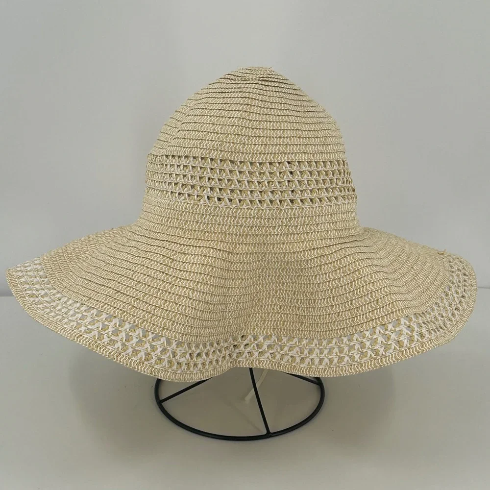 Calia Womens Tan White Woven Straw Wide Brim Floppy Sun Hat Beach Costal